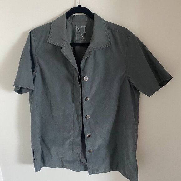 Grey Short Sleeve Jacket Top Button-Down Shirt Velvet Like Fabric Lined - Picture 2 of 6